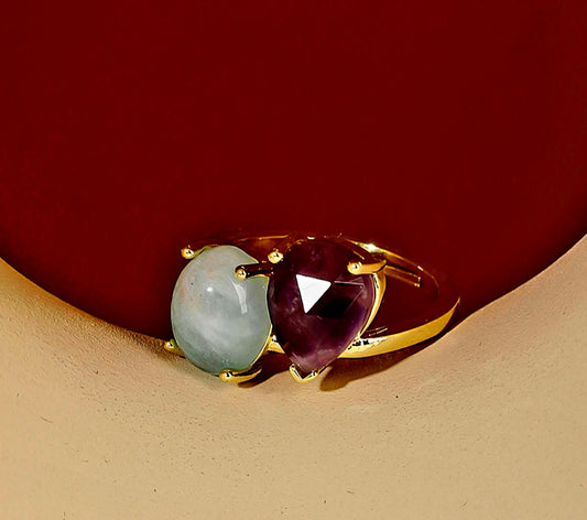 Nye MICCI Design Natural Two Stone Rings, 18K Goldplated, one size - justerbar, Aquamarine & Ametyst