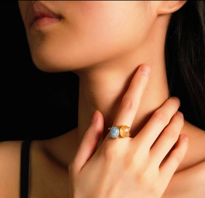 Nye MICCI Design Natural Two Stone Rings, 18K Goldplated, one size - justerbar, Aquamarine & Ametyst