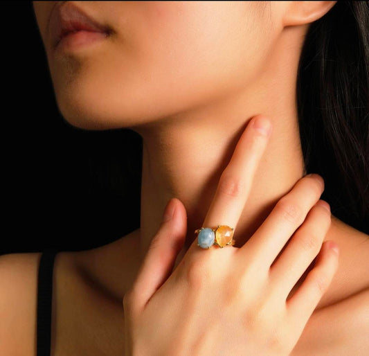 Nye MICCI Design Natural Two Stone Rings, 18K Goldplated, one size - justerbar, Aquamarine & Citrine