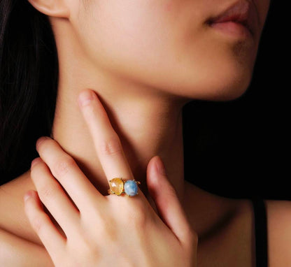Nye MICCI Design Natural Two Stone Rings, 18K Goldplated, one size - justerbar, Aquamarine & Citrine