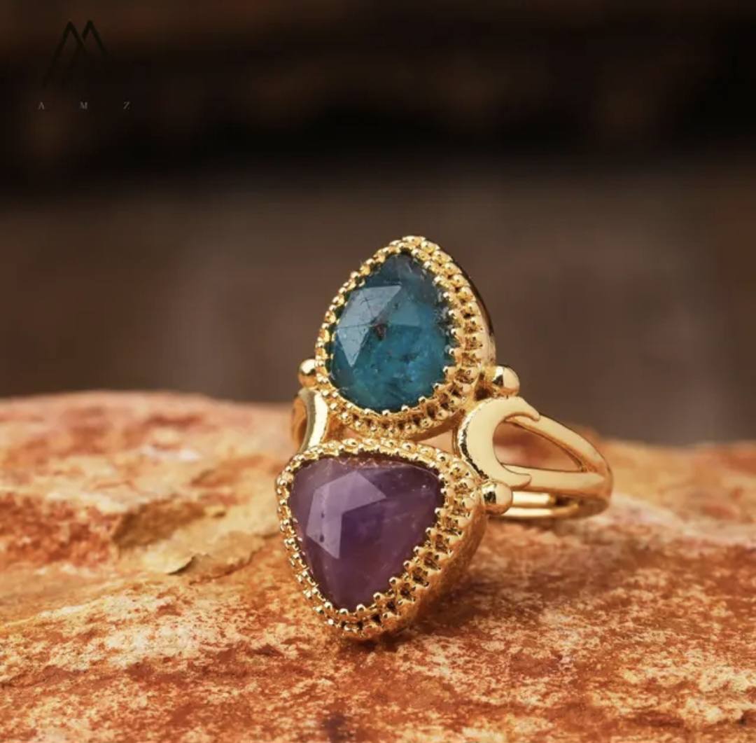 Nye MICCI Design Natural Two Stone Rings, 18K Goldplated, one size - justerbar, Ametyst og Apatite