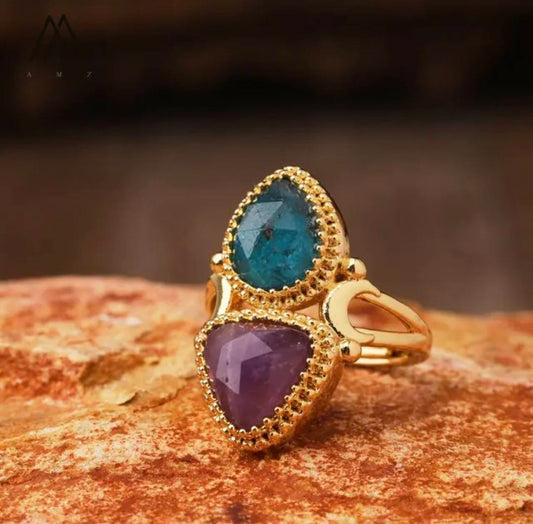 Nye MICCI Design Natural Two Stone Rings, 18K Goldplated, one size - justerbar, Ametyst og Apatite