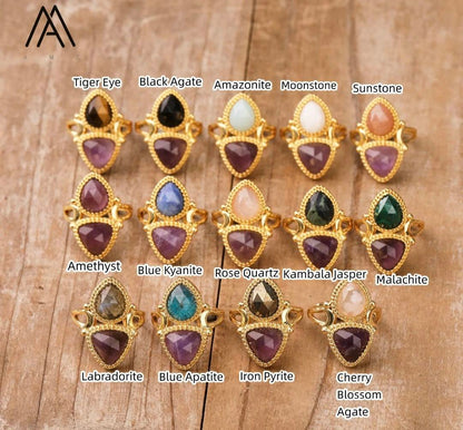 Nye MICCI Design Natural Two Stone Rings, 18K Goldplated, one size - justerbar, Ametyst og Apatite