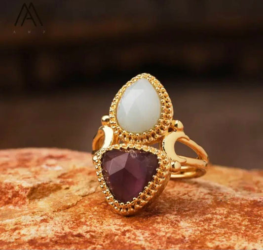 Nye MICCI Design Natural Two Stone Rings, 18K Goldplated, one size - justerbar, Ametyst og Amazonite