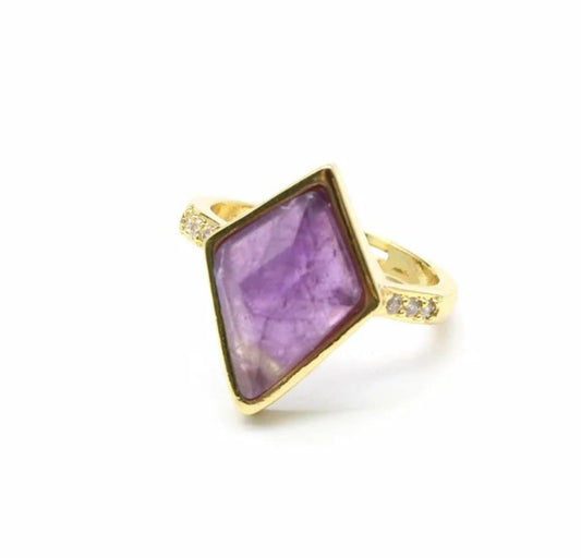 Nye MICCI Design Natural Triangel Ametyst Quartz Stone Ring, 18K Goldplated, one size - justerbar