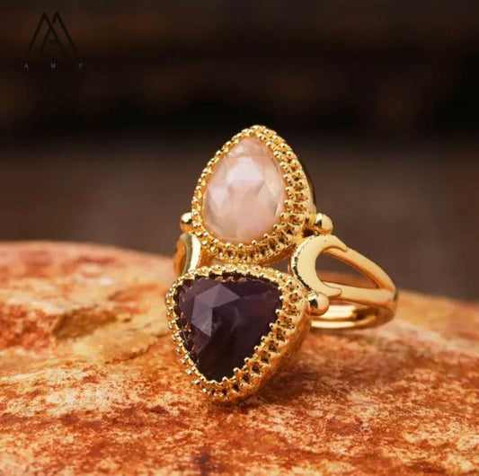 Nye MICCI Design Natural Two Stone Rings, 18K Goldplated, one size - justerbar, Ametyst og Flower Blossom