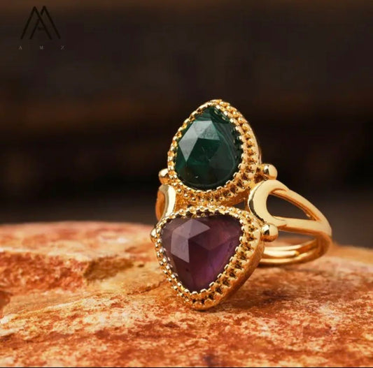 Nye MICCI Design Natural Two Stone Rings, 18K Goldplated, one size - justerbar, Ametyst og Malakite
