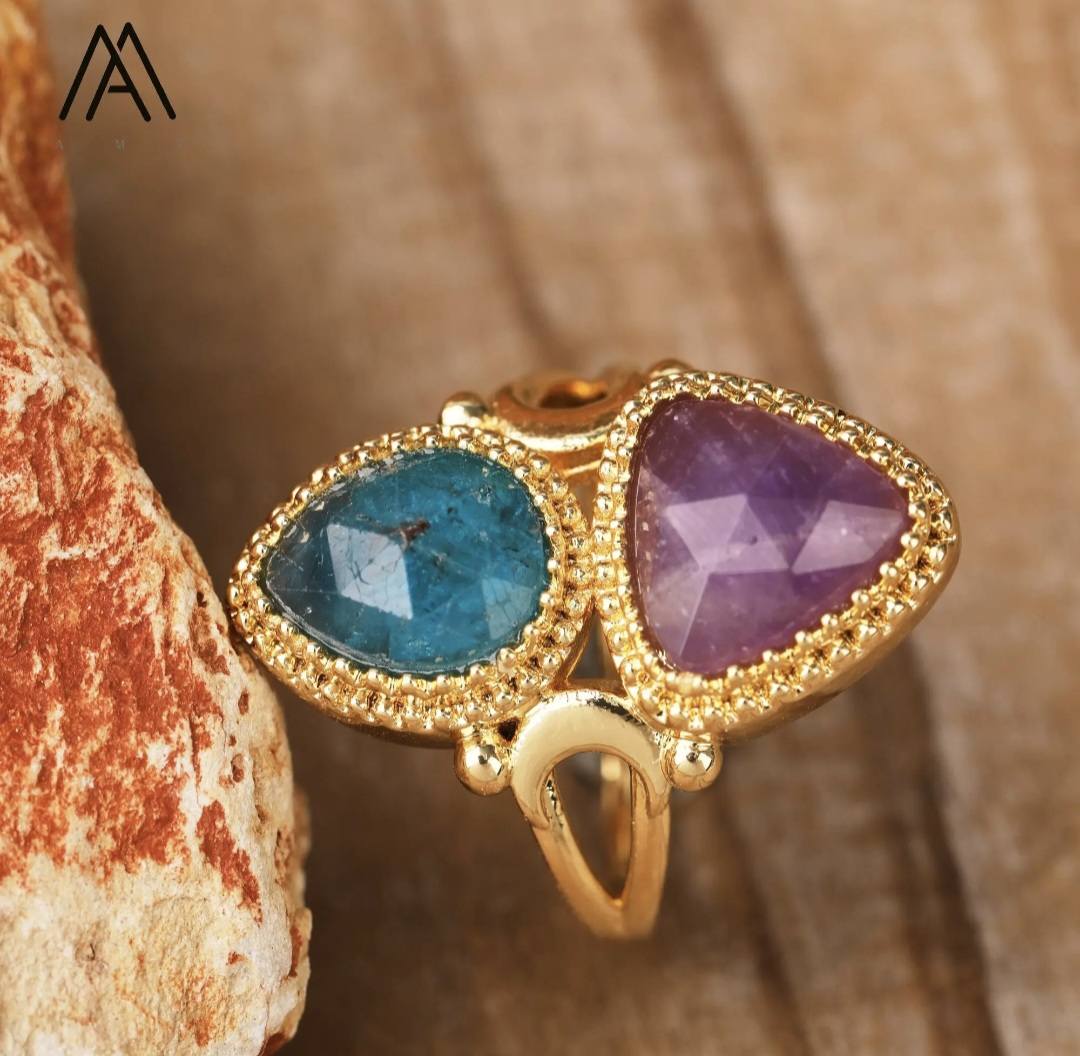 Nye MICCI Design Natural Two Stone Rings, 18K Goldplated, one size - justerbar, Ametyst og Apatite