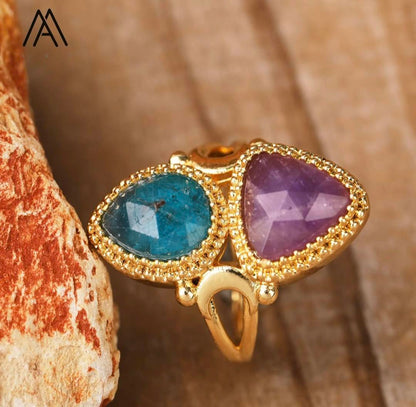 Nye MICCI Design Natural Two Stone Rings, 18K Goldplated, one size - justerbar, Ametyst og Apatite