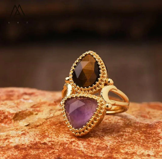 Nye MICCI Design Natural Two Stone Rings, 18K Goldplated, one size - justerbar, Ametyst og Tiger Eye