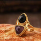 Nye MICCI Design Natural Two Stone Rings, 18K Goldplated, one size - justerbar, Ametyst og Sort Agate