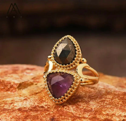 Nye MICCI Design Natural Two Stone Rings, 18K Goldplated, one size - justerbar, Ametyst og Pyrite
