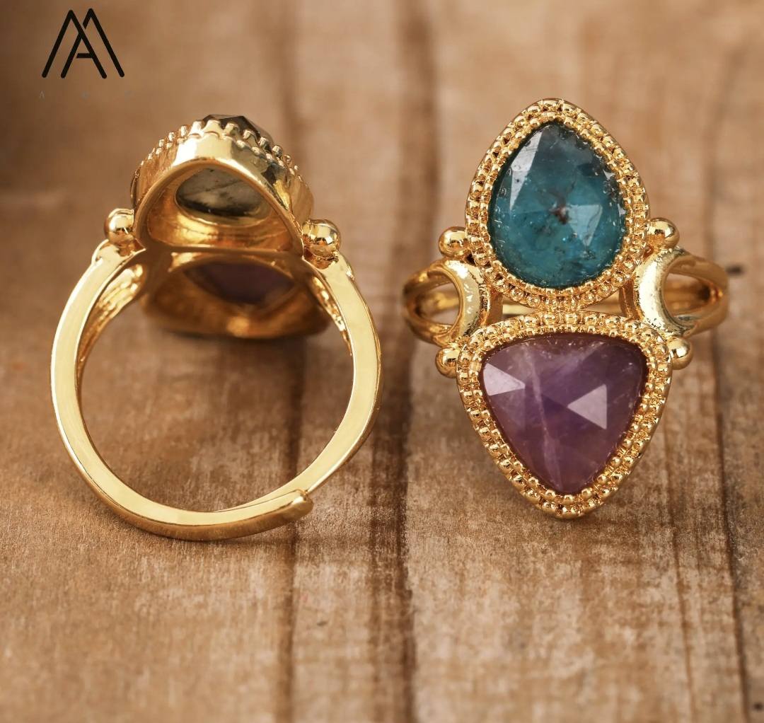 Nye MICCI Design Natural Two Stone Rings, 18K Goldplated, one size - justerbar, Ametyst og Apatite