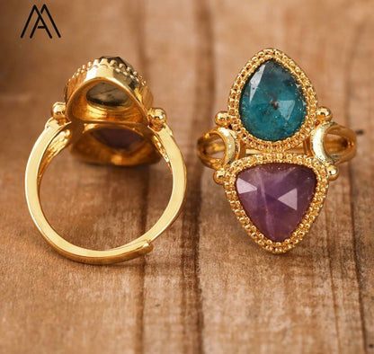 Nye MICCI Design Natural Two Stone Rings, 18K Goldplated, one size - justerbar, Ametyst og Apatite