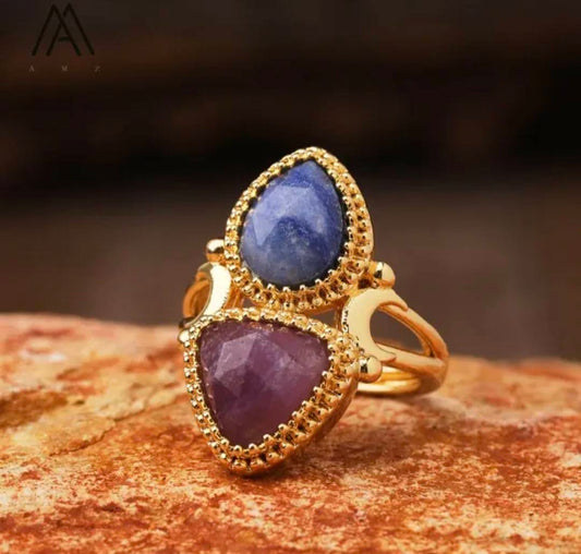Nye MICCI Design Natural Two Stone Rings, 18K Goldplated, one size - justerbar, Ametyst og Kyanite