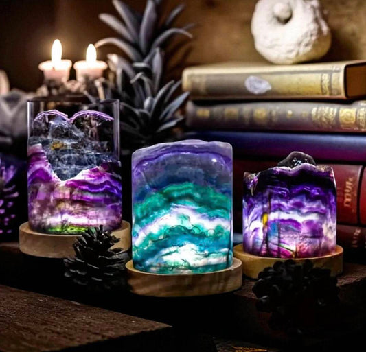 Vakre Fluoritt Regnbue Cylinderlamper i råkrystall, AA Kvalitet, polert ca. 8 x 10cm og remote control, large size - low