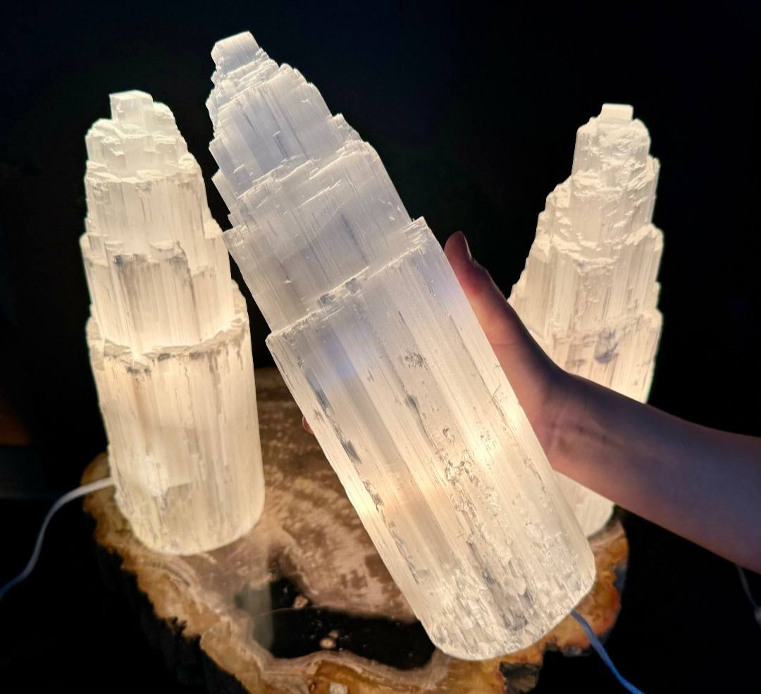 Selenite Iceberg Tower Crystal Lamp with LED Wooden Base, ca. 40cm, XXLarge