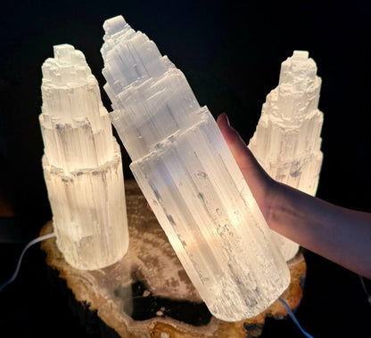 Selenite Iceberg Tower Crystal Lamp with LED Wooden Base, ca. 40cm, XXLarge