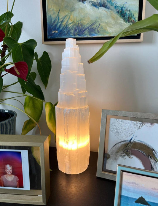 Selenite Iceberg Tower Crystal Lamp with LED Wooden Base, ca. 40cm, XXLarge