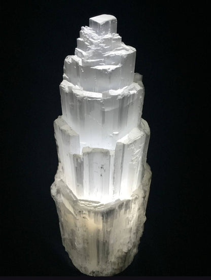 Selenite Iceberg Tower Crystal Lamp with LED Wooden Base, ca. 40cm, XXLarge