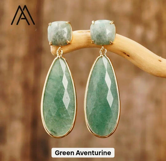 Nye MICCI DESIGN natural Green Aventurine Øredobber, 50x17mm Gold Electroplated