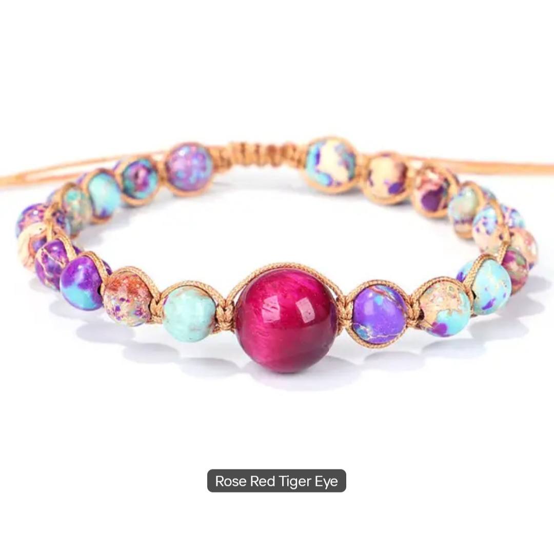 BOHEMIAN Chambhala Armbånd Design, Justerbare, Rose Red Tiger Eye & Jasper Stone&nbsp;