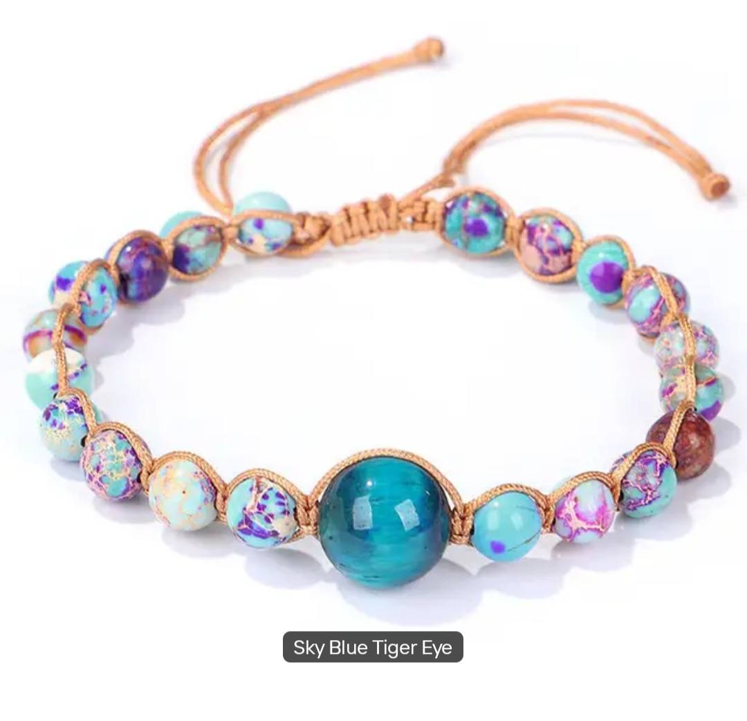 BOHEMIAN Chambhala Armbånd Design, Justerbare, Sky Blue Tiger Eye & Jasper Stone