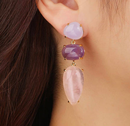 Nye MICCI DESIGN natural Long Drop Ametyst, Rose Quartz, Purple Jade Øredobber, 45x13mm 24KGold Electroplated