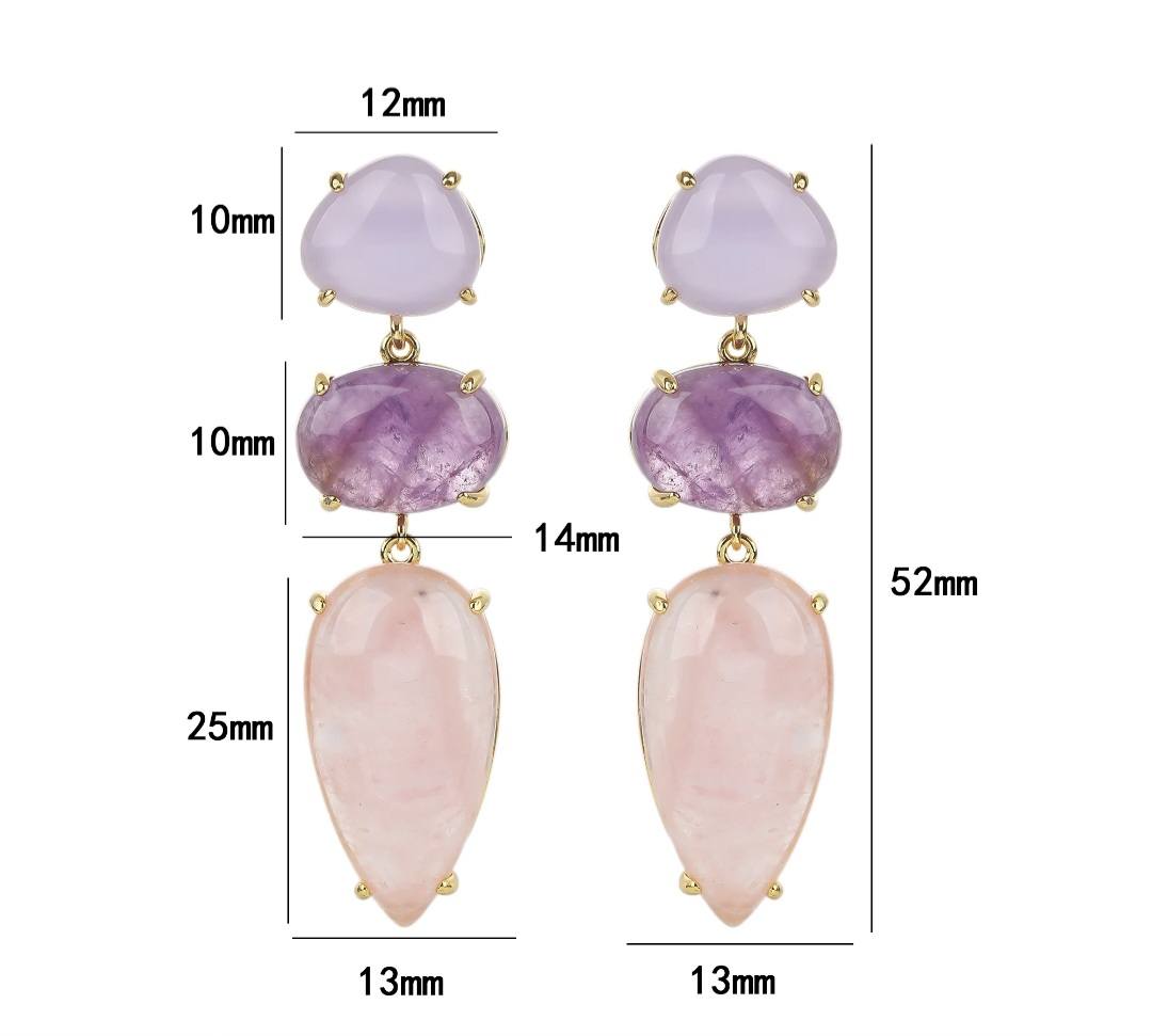 Nye MICCI DESIGN natural Long Drop Ametyst, Rose Quartz, Purple Jade Øredobber, 45x13mm 24KGold Electroplated