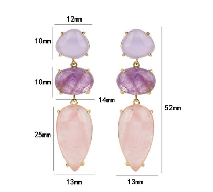 Nye MICCI DESIGN natural Long Drop Ametyst, Rose Quartz, Purple Jade Øredobber, 45x13mm 24KGold Electroplated