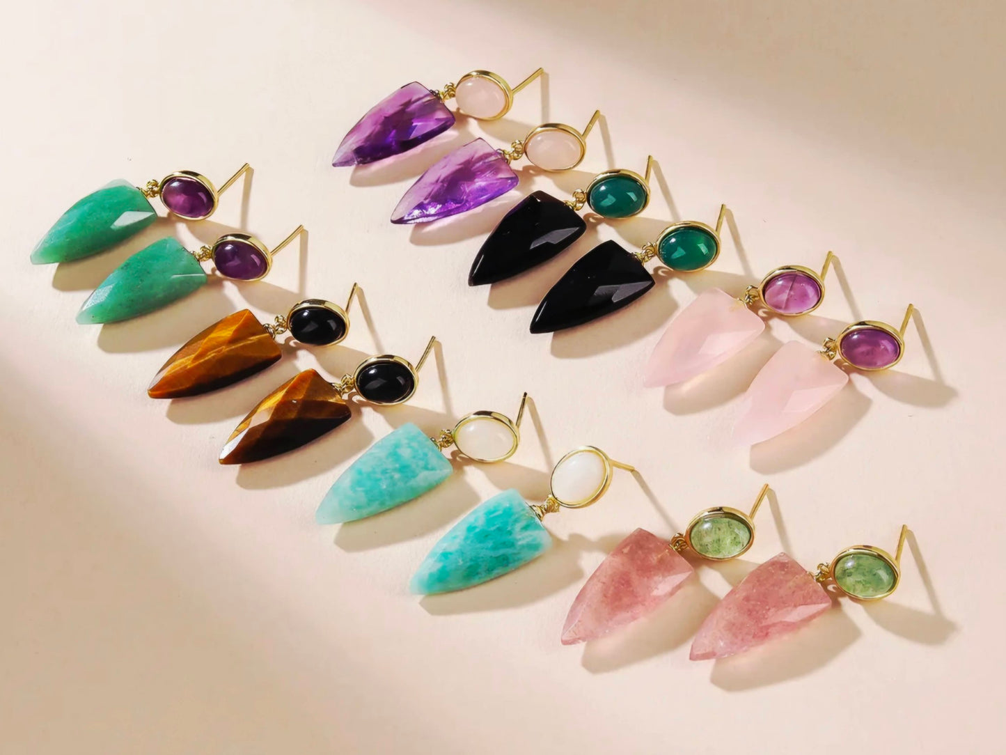 Nye MICCI DESIGN natural Rose Quartz + Ametyst Øredobber, 32x10mm 24k Gold Electroplated