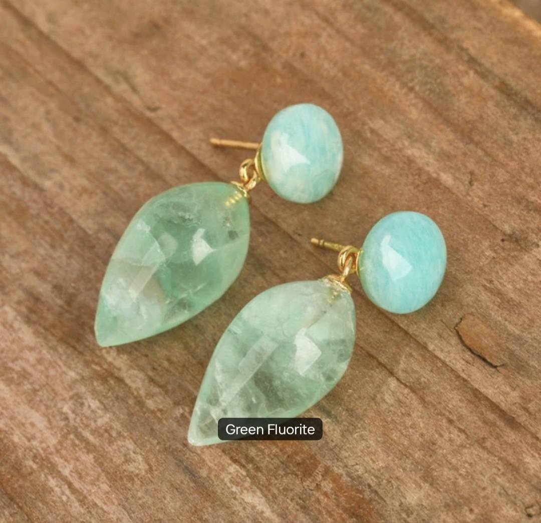 Nye MICCI DESIGN natural Green Fluorite Drop Øredobber, 30x11mm 24KGold Electroplated