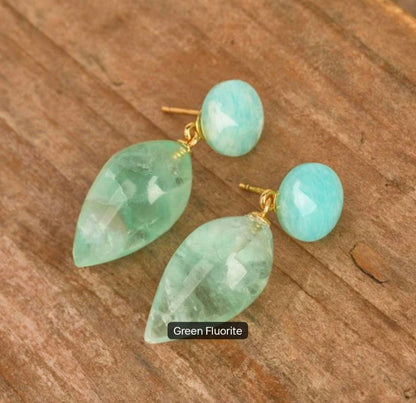 Nye MICCI DESIGN natural Green Fluorite Drop Øredobber, 30x11mm 24KGold Electroplated