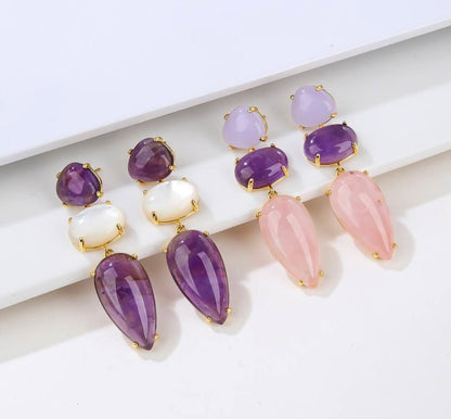 Nye MICCI DESIGN natural Long Drop Ametyst, Rose Quartz, Purple Jade Øredobber, 45x13mm 24KGold Electroplated