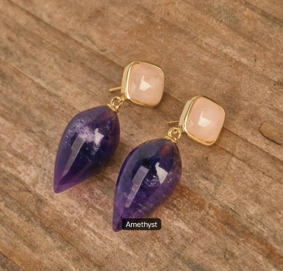 Nye MICCI DESIGN natural Ametyst Drop Øredobber, 30x11mm 24KGold Electroplated
