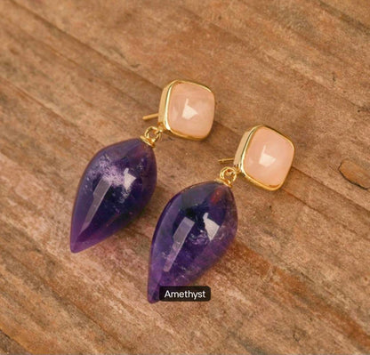 Nye MICCI DESIGN natural Ametyst Drop Øredobber, 30x11mm 24KGold Electroplated