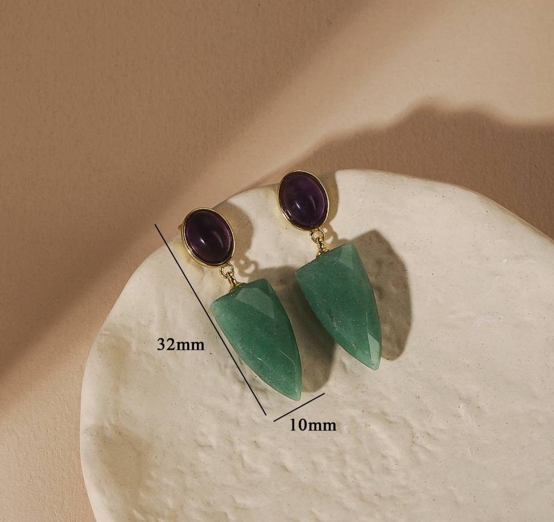 Nye MICCI DESIGN natural Drop Green Aventurine Øredobber, 32x10mm 24KGold Electroplated