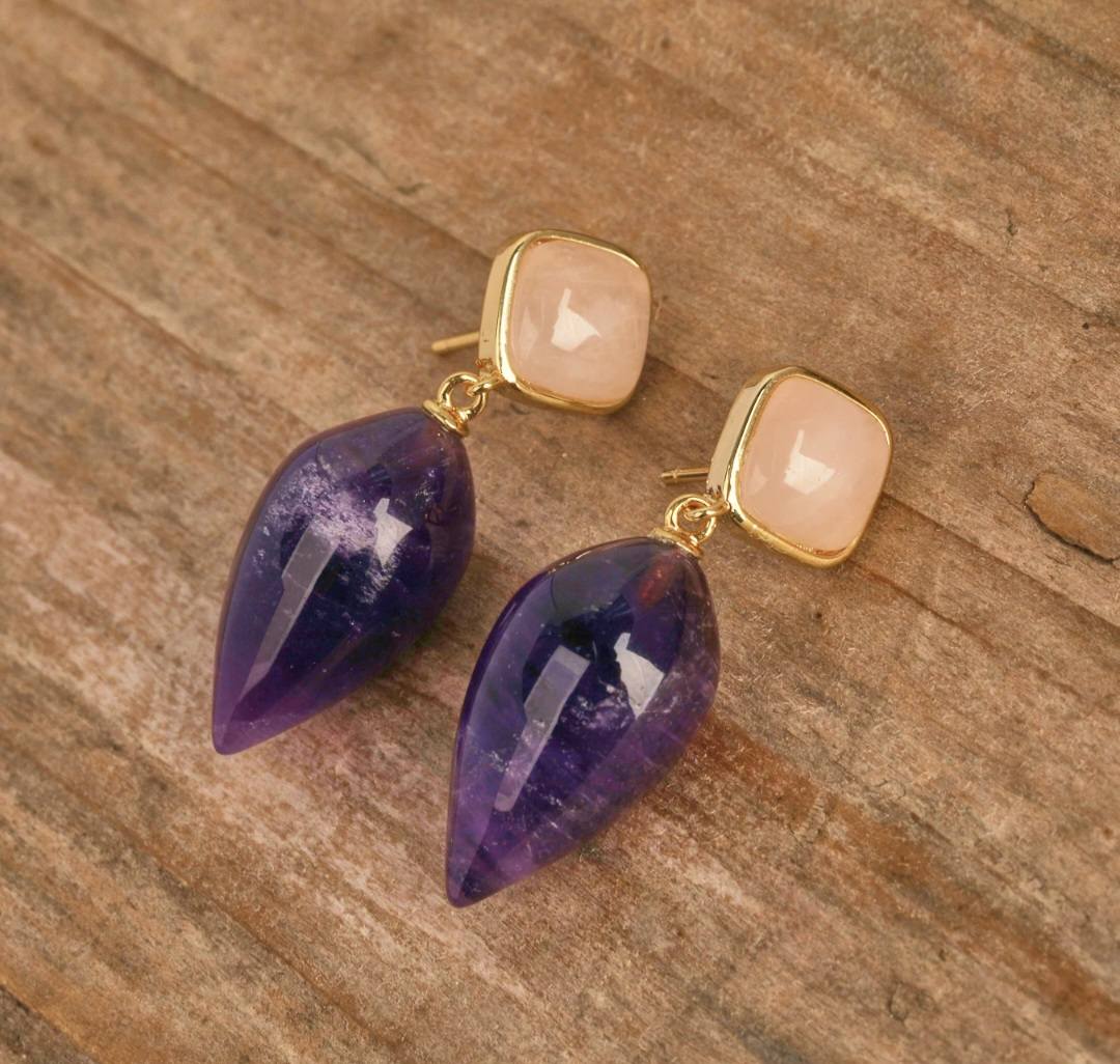 Nye MICCI DESIGN natural Ametyst Drop Øredobber, 30x11mm 24KGold Electroplated