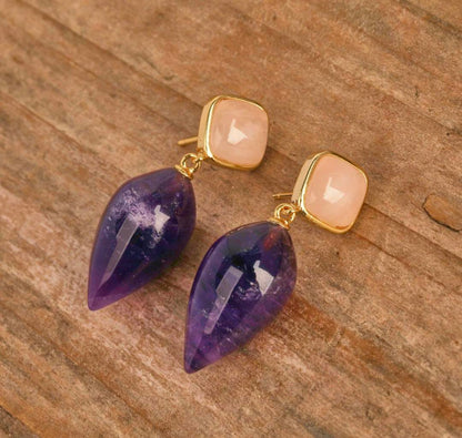 Nye MICCI DESIGN natural Ametyst Drop Øredobber, 30x11mm 24KGold Electroplated