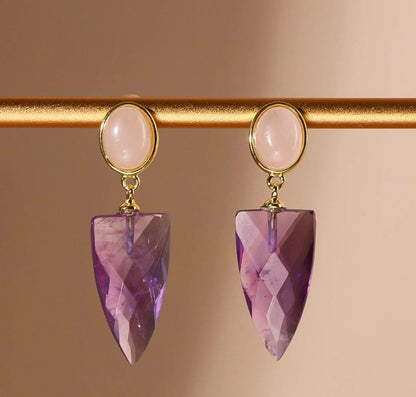 Nye MICCI DESIGN natural Rose Quartz + Ametyst Øredobber, 32x10mm 24k Gold Electroplated