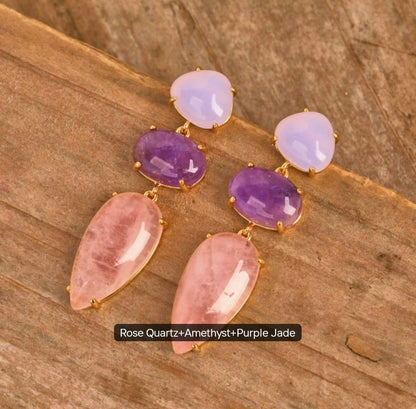 Nye MICCI DESIGN natural Long Drop Ametyst, Rose Quartz, Purple Jade Øredobber, 45x13mm 24KGold Electroplated