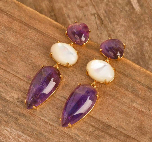 Nye MICCI DESIGN natural Long Drop Ametyst Øredobber, 45x13mm 24KGold Electroplated
