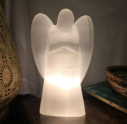 XL SELENITE ANGEL LAMP , 20cm w/Ledbase - inkl. dimmer