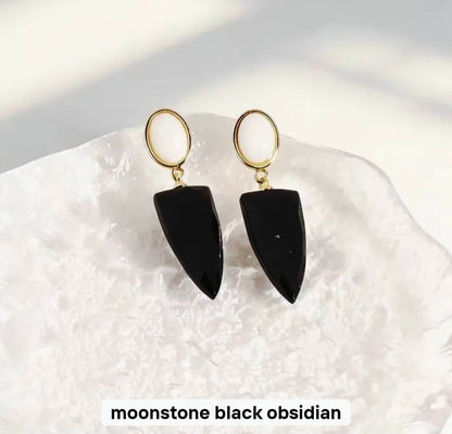 Nye MICCI DESIGN natural Moonstone + Black Obsidian Øredobber, 32x10mm 24k Gold Electroplated