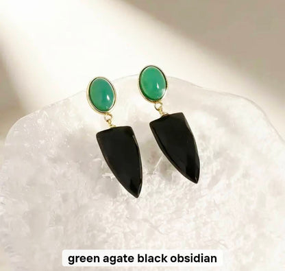Nye MICCI DESIGN natural Green Agate + Black Obsidian Øredobber, 32x10mm 24k Gold Electroplated