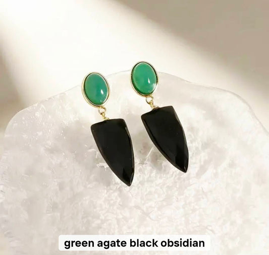 Nye MICCI DESIGN natural Green Agate + Black Obsidian Øredobber, 32x10mm 24k Gold Electroplated