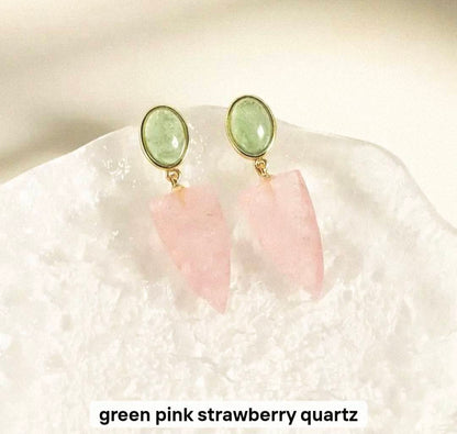 Nye MICCI DESIGN natural Red + Green Strawberry Quartz Øredobber, 32x10mm 24k Gold Electroplated