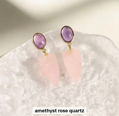 Nye MICCI DESIGN natural Ametyst + Rose Quartz Øredobber, 32x10mm 24k Gold Electroplated