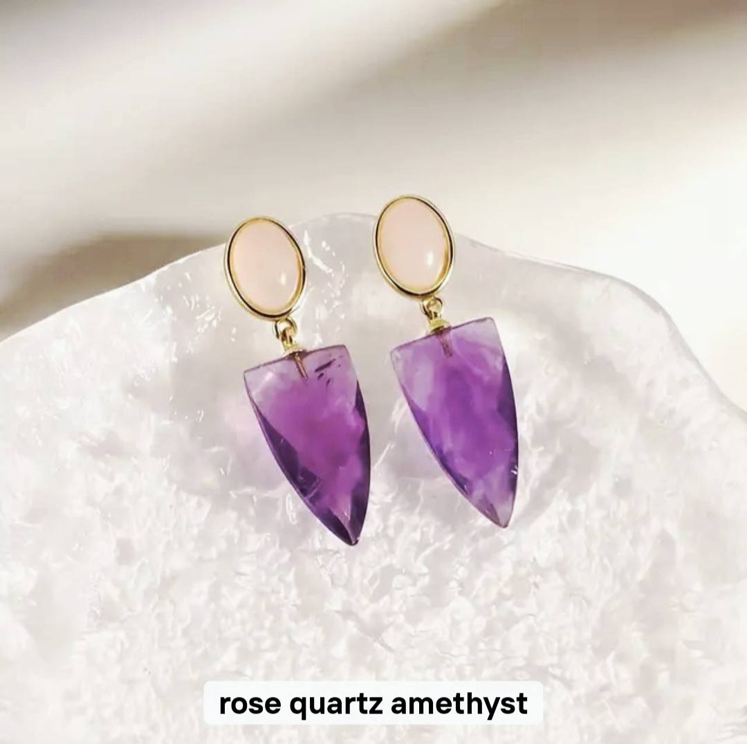 Nye MICCI DESIGN natural Rose Quartz + Ametyst Øredobber, 32x10mm 24k Gold Electroplated