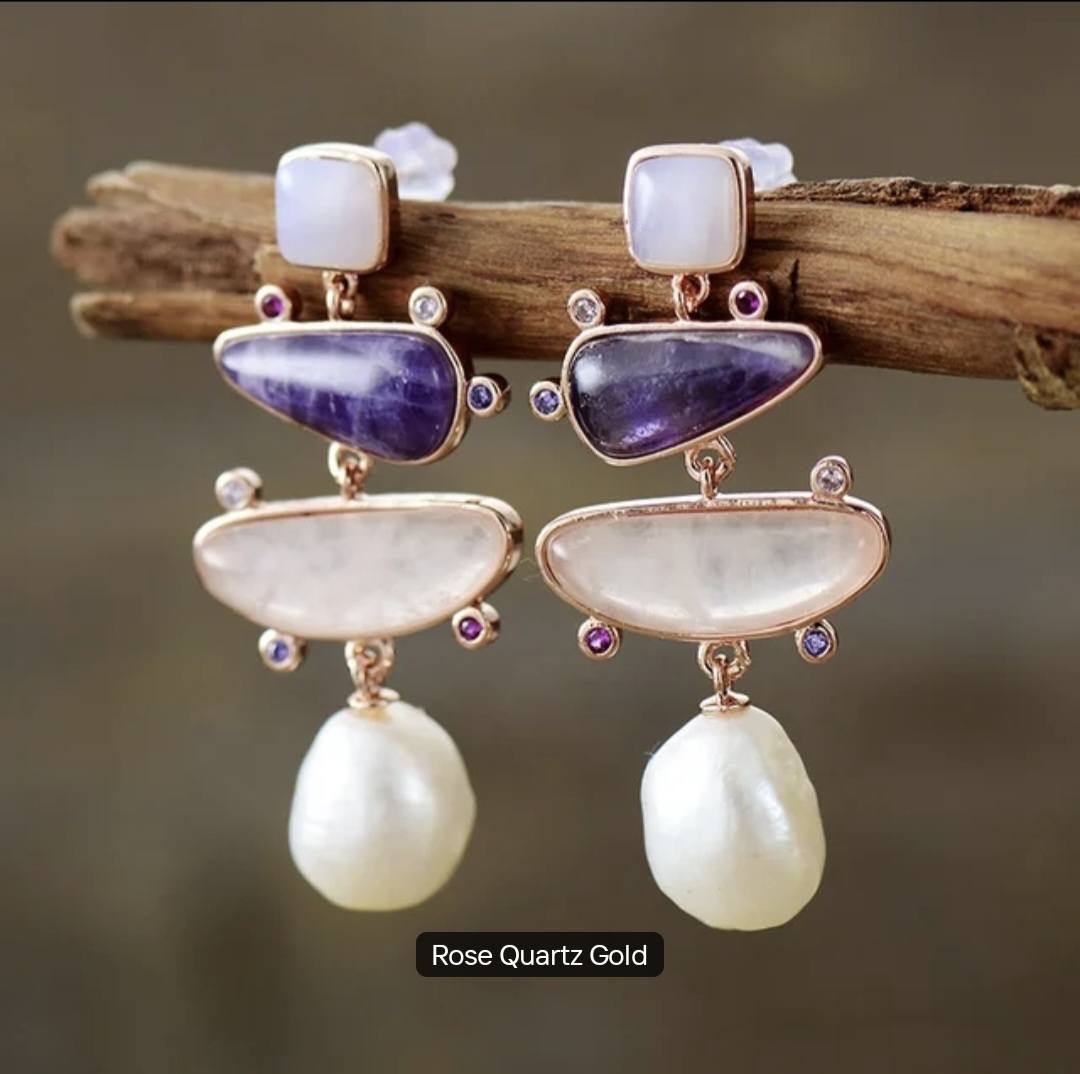 Nye MICCI BOHEMIAN DESIGN natural Long Drop Ametyst, Rose Quartz, Øredobber, 45x20mm 24KGold Electroplated